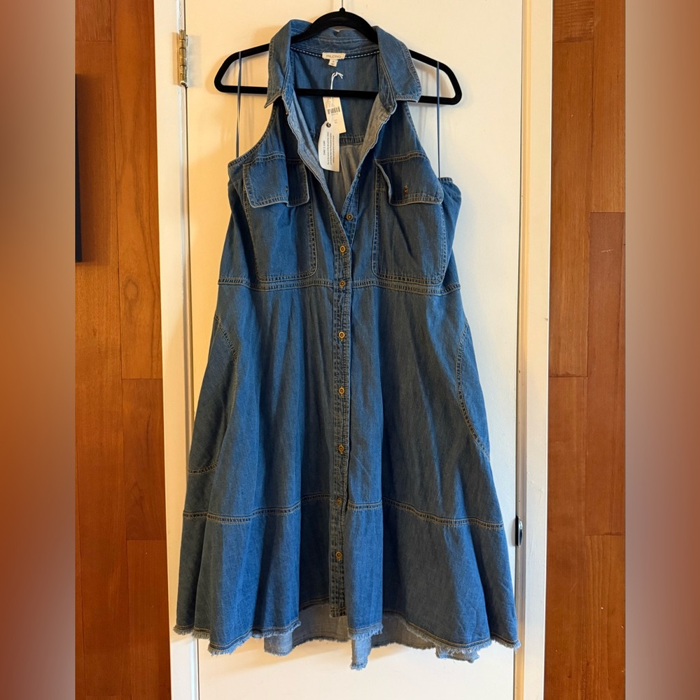Anthropologie Pilcro Sleeveless Halter Swing Denim Midi Dress - Picture 2 of 6